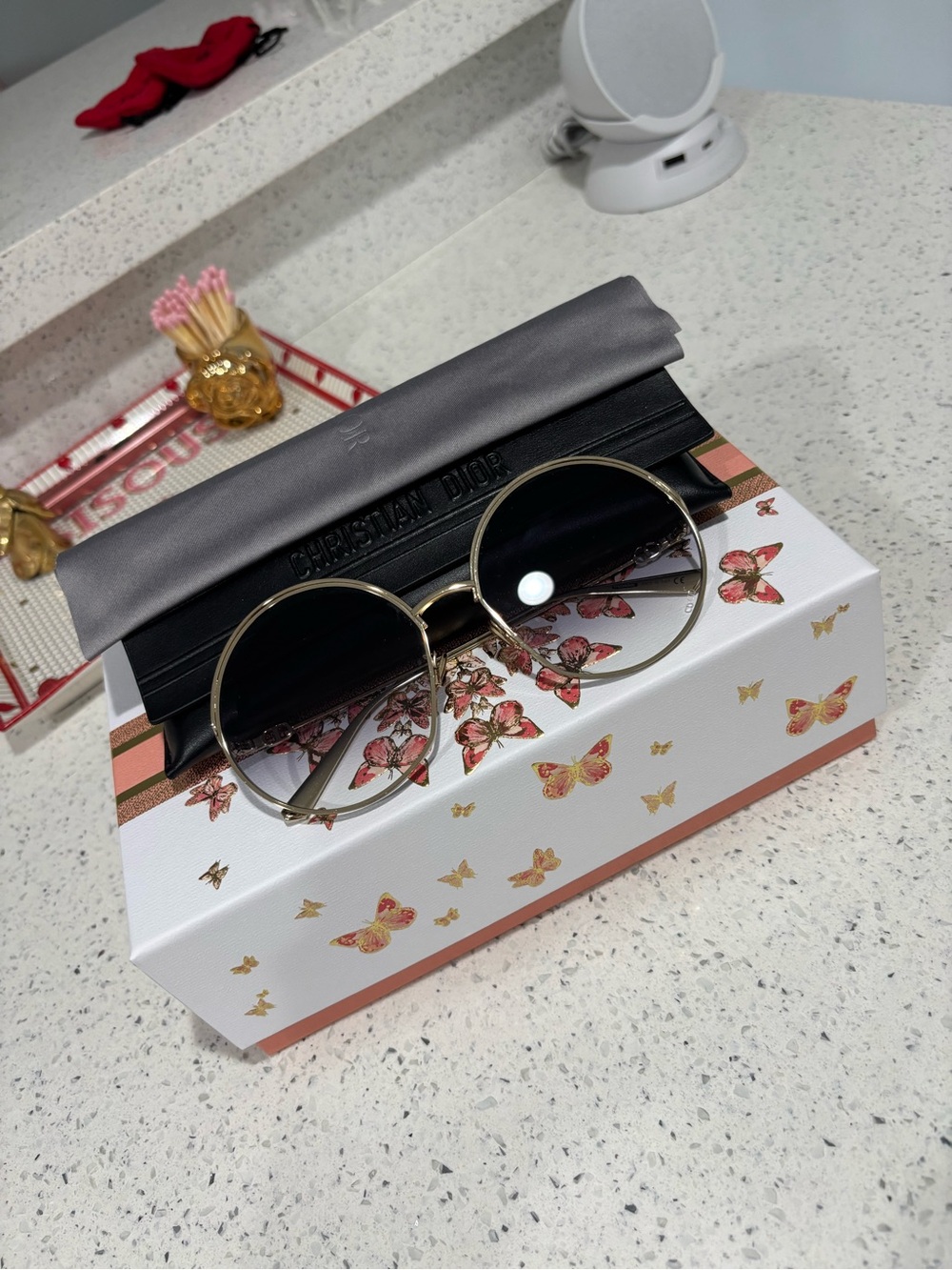 Christian Dior Gold Round Frame Sunglasses with Black Gradient Lenses
